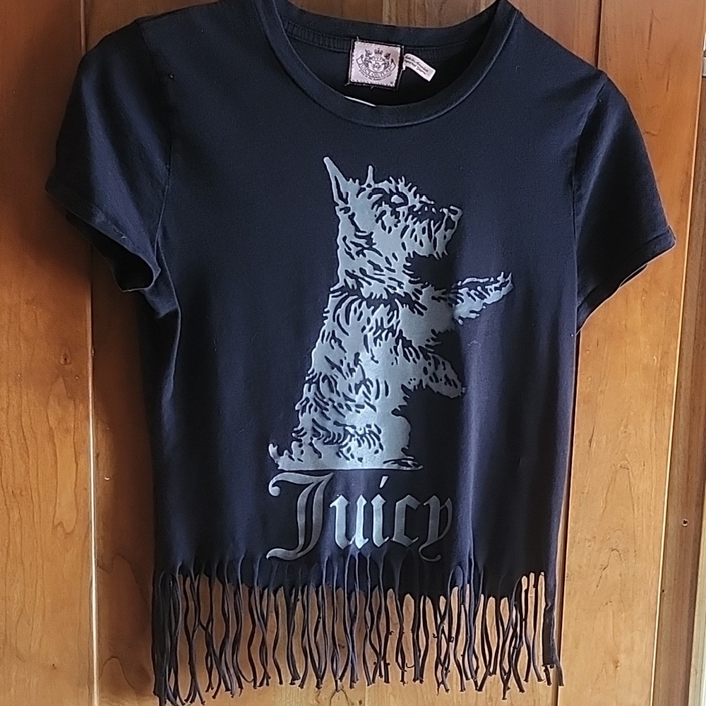 Juicy Couture Terrier Dog Black Fringe T- Shirt Size M - Picture 3 of 8